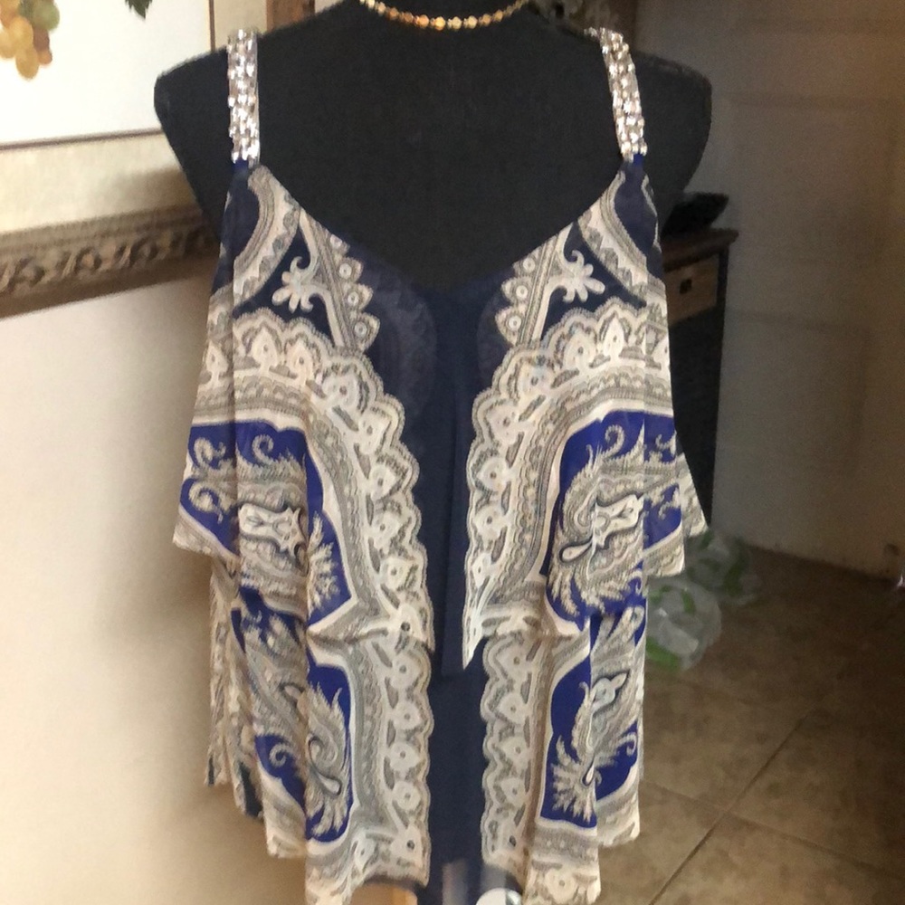 Paisley silky tank top w/ crystal shoulder straps